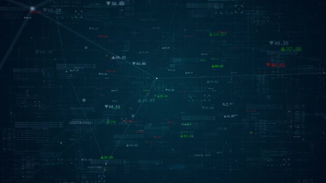 Motion graphic of abstract digital stock market interface with financial analytics data and glowing numbers, designed as a corporate technology video background for fintech and investment themes.