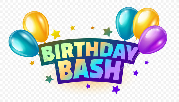 isolated colorful birthday bash text cutout with balloons