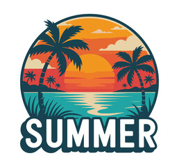 Fototapeta premium Summer Sunset Beach Illustration – Tropical Palm Tree Vacation Graphic