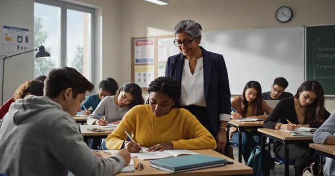 Classroom scene with diverse students engaged in learning, teacher assisting, natural light
