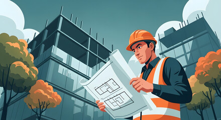 Construction Engineer Reviewing Blueprint Illustration
