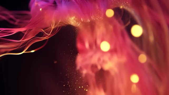 Abstract, vibrant art piece with flowing pink and purple elements with glowing orbs