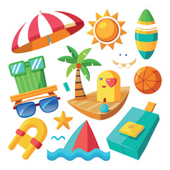 Fototapeta premium Vibrant Beach Summer Vacation Icon Set with Colorful Illustrations of Umbrella, Sunglasses, Palm Tree, Rubber Duck, Surfboard, and Sun on white background