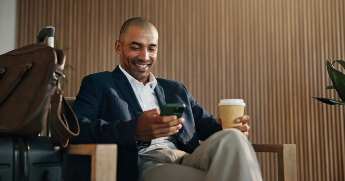 Trader, smile and man in airport, smartphone for online flight schedule and coffee with chatting. Happy person, latte and investor on chair, cellphone and email for visa application and trading info
