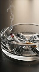 Extinguished cigarette in ashtray with smoke.