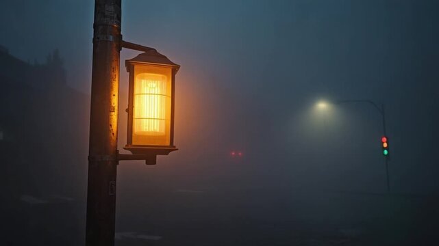 Glowing Street Lantern in Dense Fog at Night, Moody Urban Atmosphere Background