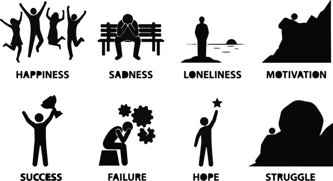 Silhouettes depict joy and togetherness while others show distress, solitude, achievement, and the pursuit of goals.