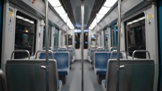 Empty train carriage with blue seats viewed from the center aisle between empty seats