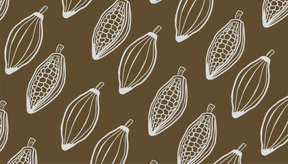 Cocoa Pod background. Cocoa Pattern . Hand Drawn Cacao Illustration seamless pattern. Minimal Botanical Line Art. Repeating Border Background.