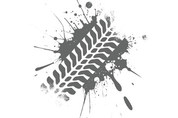 Grunge tire track silhouette with black ink splatter on white background.Dynamic tire tread mark illustration with paint splash for off-road racing. © Nazmul