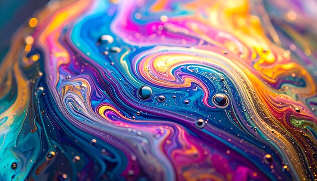 Vibrant swirling multicolored liquid pattern with droplets
