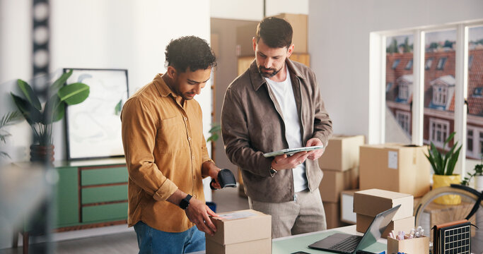 Logistics, scanner or men in agency with tablet, barcode review or inventory management for shipping. Distribution, team or suppliers with tech, package checklist or delivery service in supply chain.