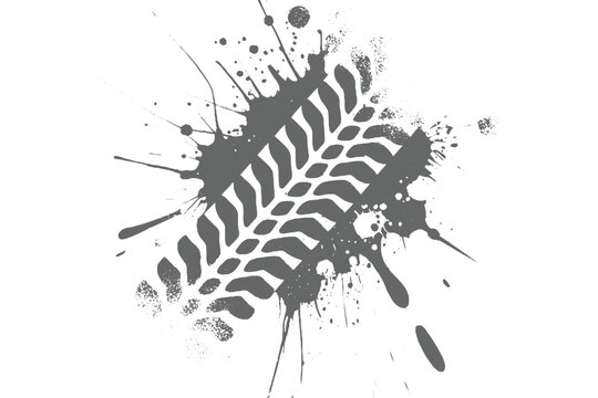 Grunge tire track silhouette with black ink splatter on white background.Dynamic tire tread mark illustration with paint splash for off-road racing.