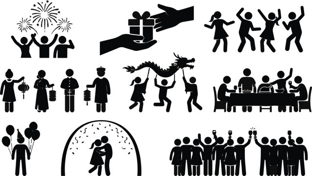 Stylized figures celebrate various festive occasions together with dancing, feasting, and firework displays.