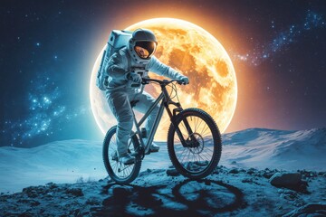 Naklejka premium Astronaut riding bicycle on rocky moon surface with large moon and stars space
