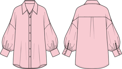 Front and back view oversized blouse technical fashion sketch, long sleeve button down shirt template isolated on white background for apparel design © MdMeherul
