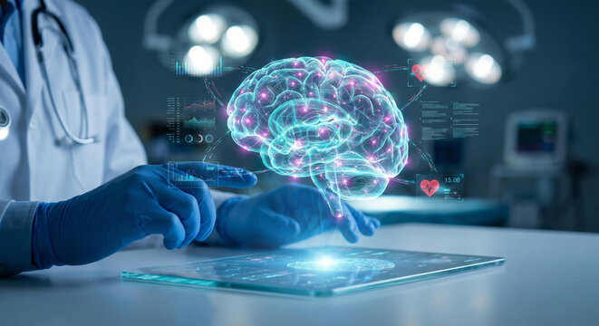 Medical professional using futuristic digital brain scan interface for neurology diagnosis in hospital setting