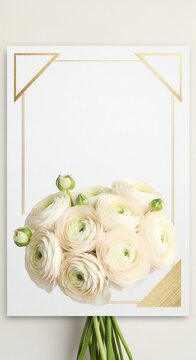 Close-up of white ranunculus flowers in a bouquet against a gold-framed white background with green stems.