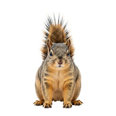 Fototapeta premium Close-Up Portrait of a Young Light Brown Chipmunk with Raised Ears and Fluffy Tail isolated on a transparent background