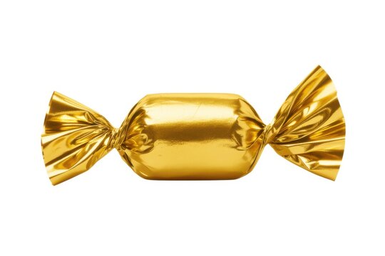 Single gold candy wrapped in shiny foil on white background golden wrapper
