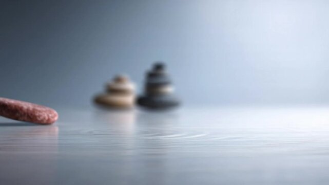 Red Pebble and Blurred Zen Stones on a Gray Background