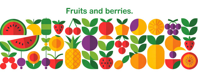 A flat, geometric illustration of various fruits and berries arranged in a horizontal pattern against a white backgroun