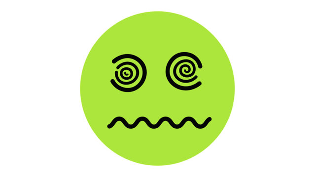 sick green face emoji with dizzy spiral eyes and wavy mouth cartoon illustration depicting nausea and being unwell for health-related content.