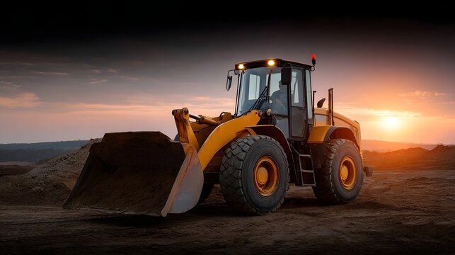 A powerful yellow front end loader is illuminated by the dramatic golden light of sunset on a construction site with a pile of dirt beside it