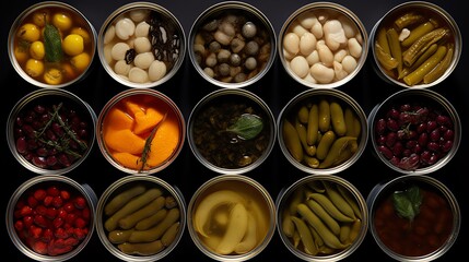 Obraz premium Variety of preserved vegetables in metal cans.
