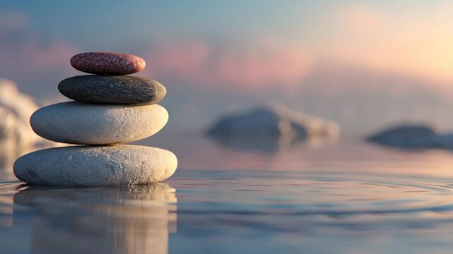 Stacked Stones on Serene Water Surface at Dawn or Dusk