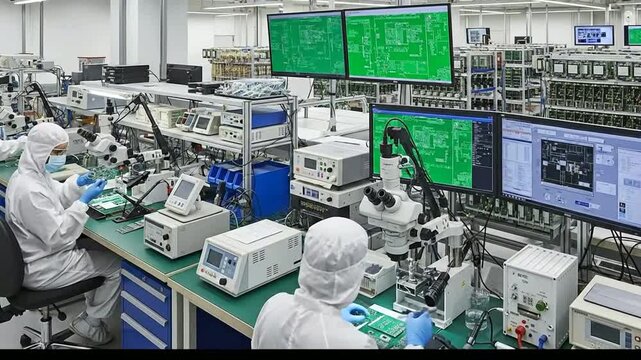 Scientists in lab coats working on electronic components.