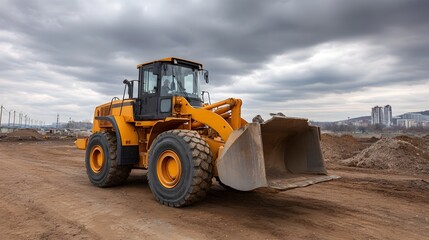 A large yellow wheel loader is parked on a dirt construction site under a dramatic cloudy sky