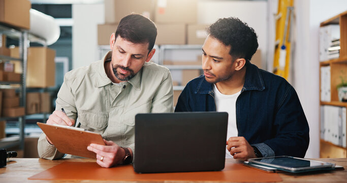 Review, checklist or people in office of small business, sales progress or parcel shipping for logistics. Check report, entrepreneur team or men planning for order fulfillment, delivery or stock info