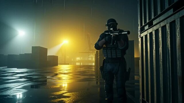 Soldier in tactical gear with rifle crouched behind shipping containers at night, rain