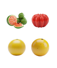 Assortment of juicy fruits: halved citrus with seeds, vibrant red pomelo, and golden grapefruit, isolated on white