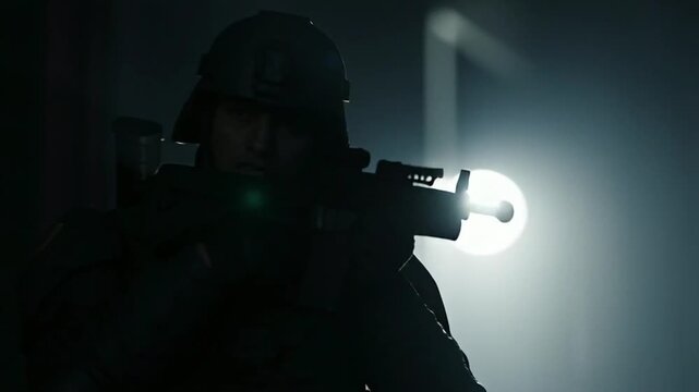 Soldier with Rifle in Rainy Night City Alley