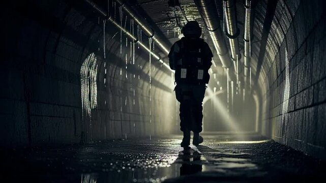 Soldier with rifle moving through dark, wet tunnel with flashlight beam