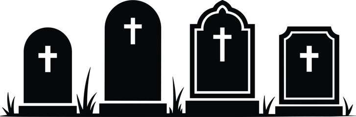 Obraz premium Black silhouette gravestones with Christian crosses in cemetery, spooky Halloween graveyard illustration isolated on white background, memorial tombstones vector clipart design