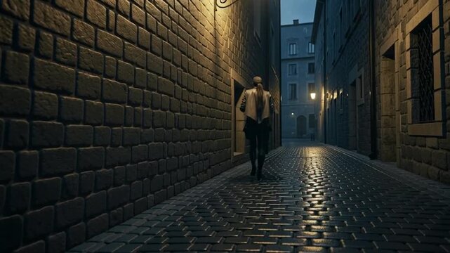 Stealthy Agent with Gun in Dark European Alleyway at Night