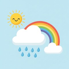 Fototapeta premium A cheerful cartoon sun shines brightly next to a fluffy cloud from which raindrops are falling, with a vibrant rainbow arcing across a clear blue sky.