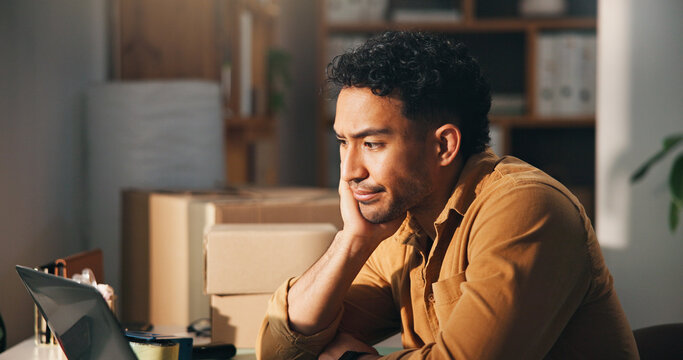 Laptop, logistics and stress with man in office for delivery, distribution or shipping of boxes. Computer, frustration and supply chain with employee at desk in workplace for courier service backlog