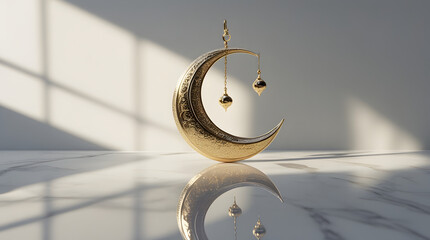 Luxury Gold Crescent Ornament on Polished Marble for Ramadan Campaign