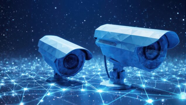 Two modern security cameras on a network grid