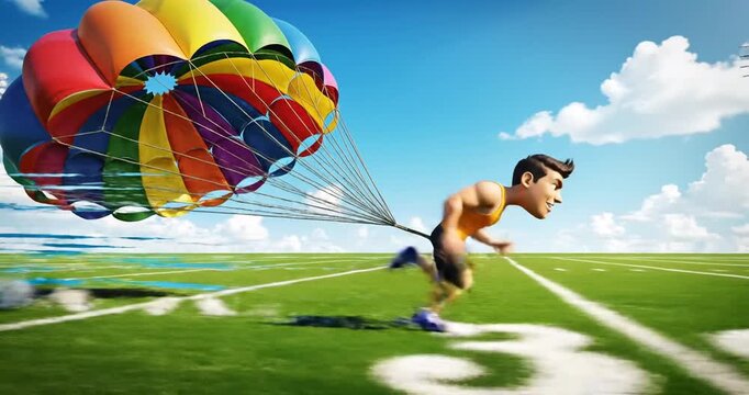 Cartoon character running on a sports field with a colorful parachute, showcasing motion and excitement