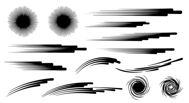 a comprehensive collection of dynamic speed lines radial bursts and abstract swirl elements for comic books and graphic design projects.