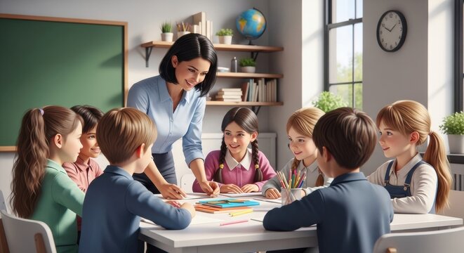 Dedicated Teacher Supervising Students During Hands-On Classroom Activity