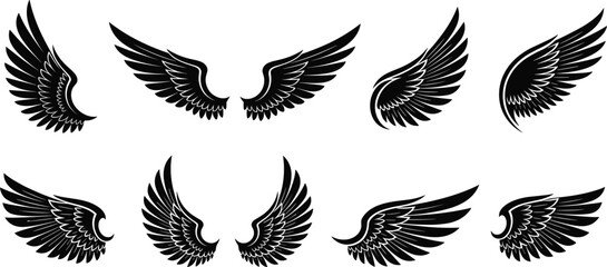 Collection of black bird and angel wing silhouettes, gothic feather wing set, tribal eagle wings vector illustration, heraldic freedom symbols © Anamul Arafat