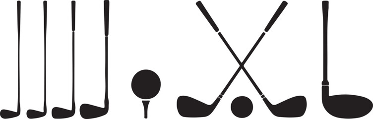 Naklejka premium Collection of various golf clubs and ball on tee in vector graphic illustration for golf enthusiasts and professionals