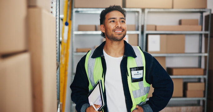 Man, thinking and tablet in warehouse for logistics, quality control or smile for storage efficiency. Export ideas, distributor and tech in facility for inventory management, supply chain or planning