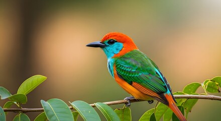 Vibrant bird perched on branch with lush green leaves against blurred natural background